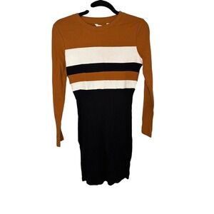 PatPat Womens Bodycon Dress Long Sleeve Striped Ribbed Casual‎ Black Brown NWT